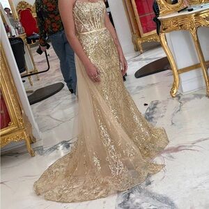 ellie wilde Gold Sequin Strapless Prom Gown
